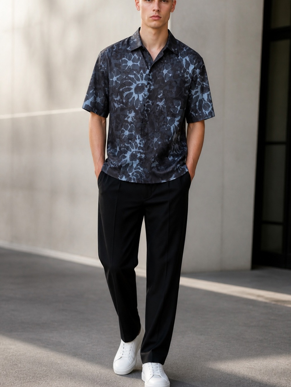 Ted Baker Black and Blue Short-Sleeve Floral Button-Down Shirt